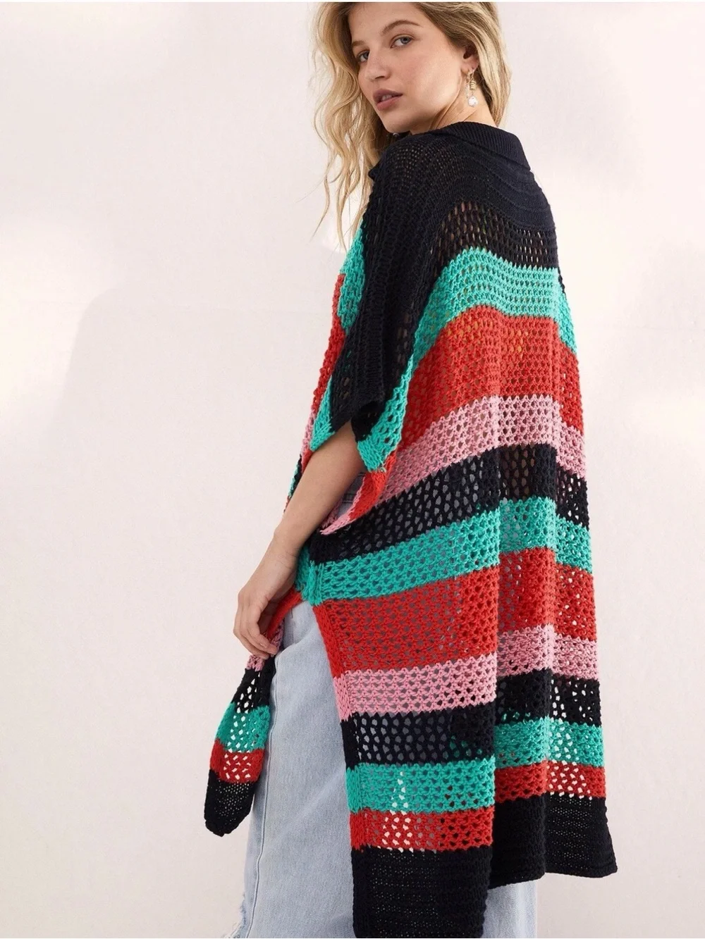 Free people Bayside Stripe Crochet Poncho one size oversized slouchy flowy